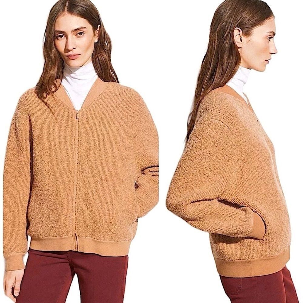 Vince Boucle Wool Blend Zip Up Toffee Tan Bomber Jacket Knit Sweater Size Small